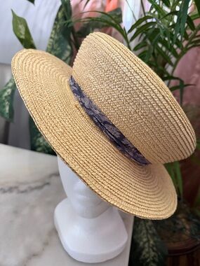 April Cornell Vintage Natural Straw Boater Hat with Blue Floral Bow